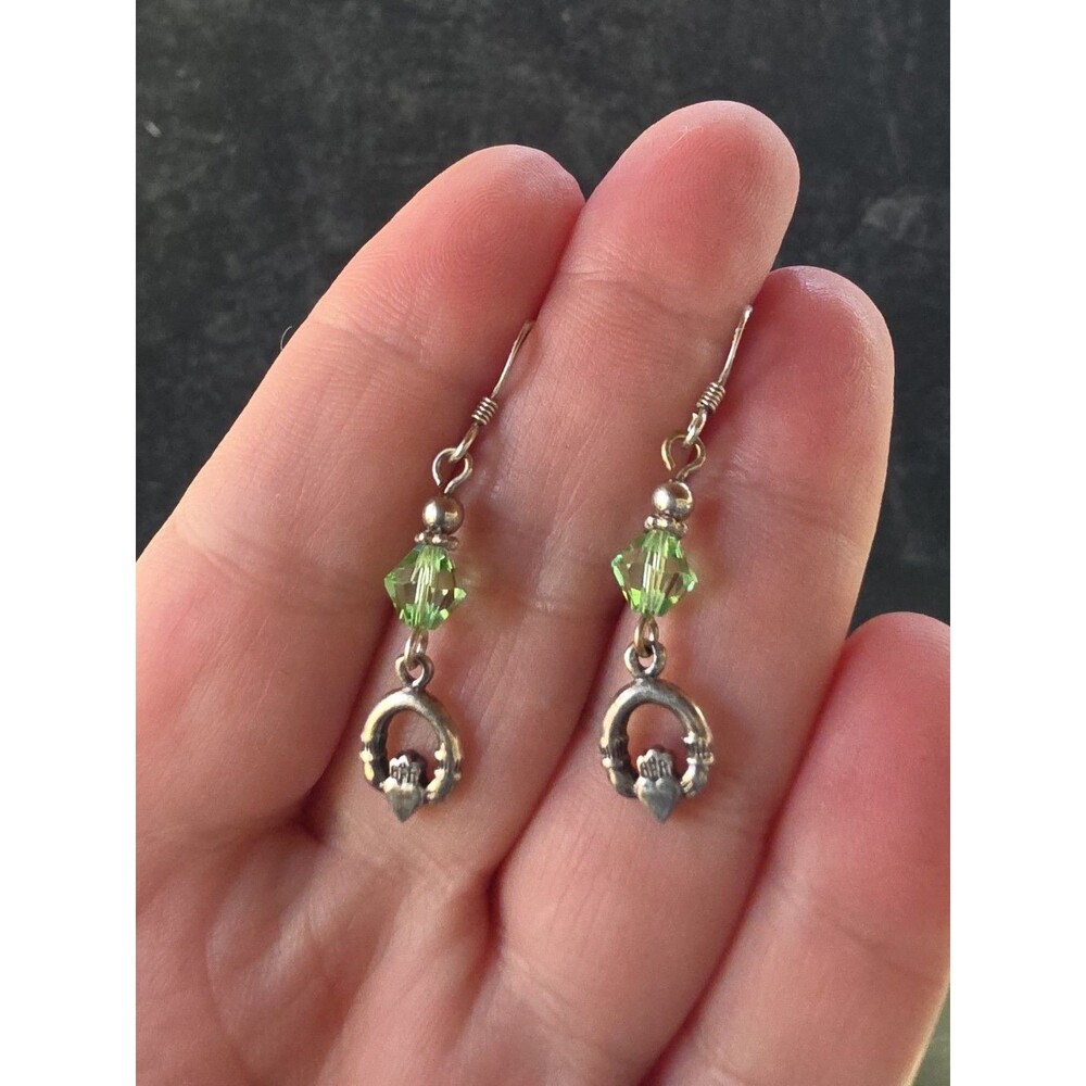 925 Sterling Silver Claddagh Green Glass Beaded Dangling Pierced Earrings